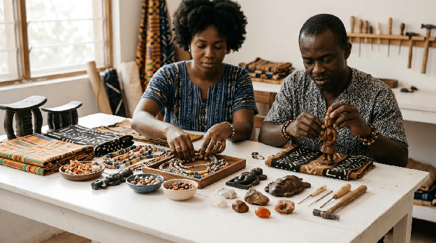 Hands working with heritage beads and crafts
